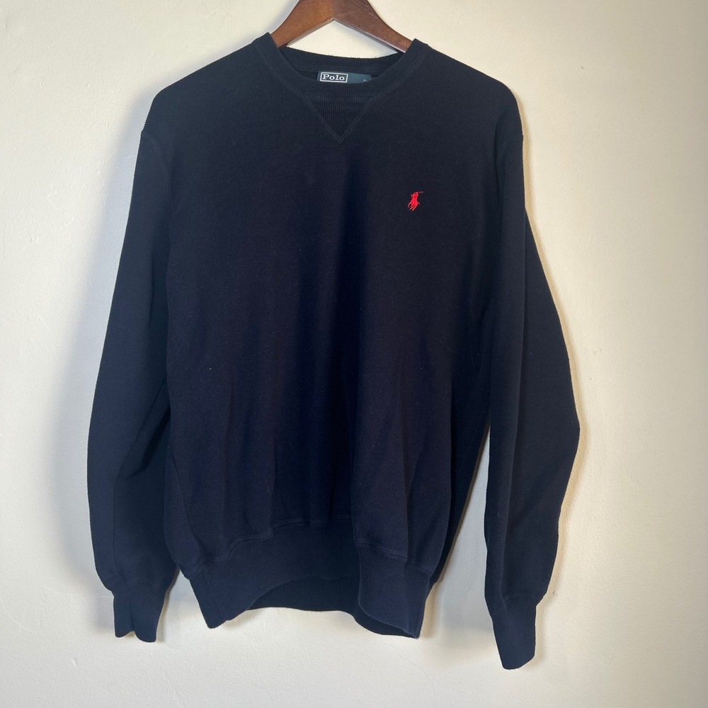 EUC Polo Ralph Lauren Sweater Size Large Navy Blue Cotton Red Pony Logo